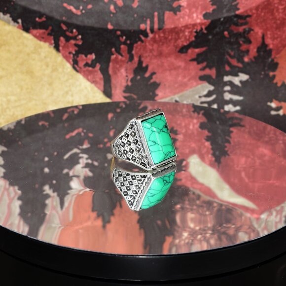 Antice Geo Mens Etched Silver Ring Green Turquoise Simulate Size 9 Gift Boxed - Picture 1 of 9